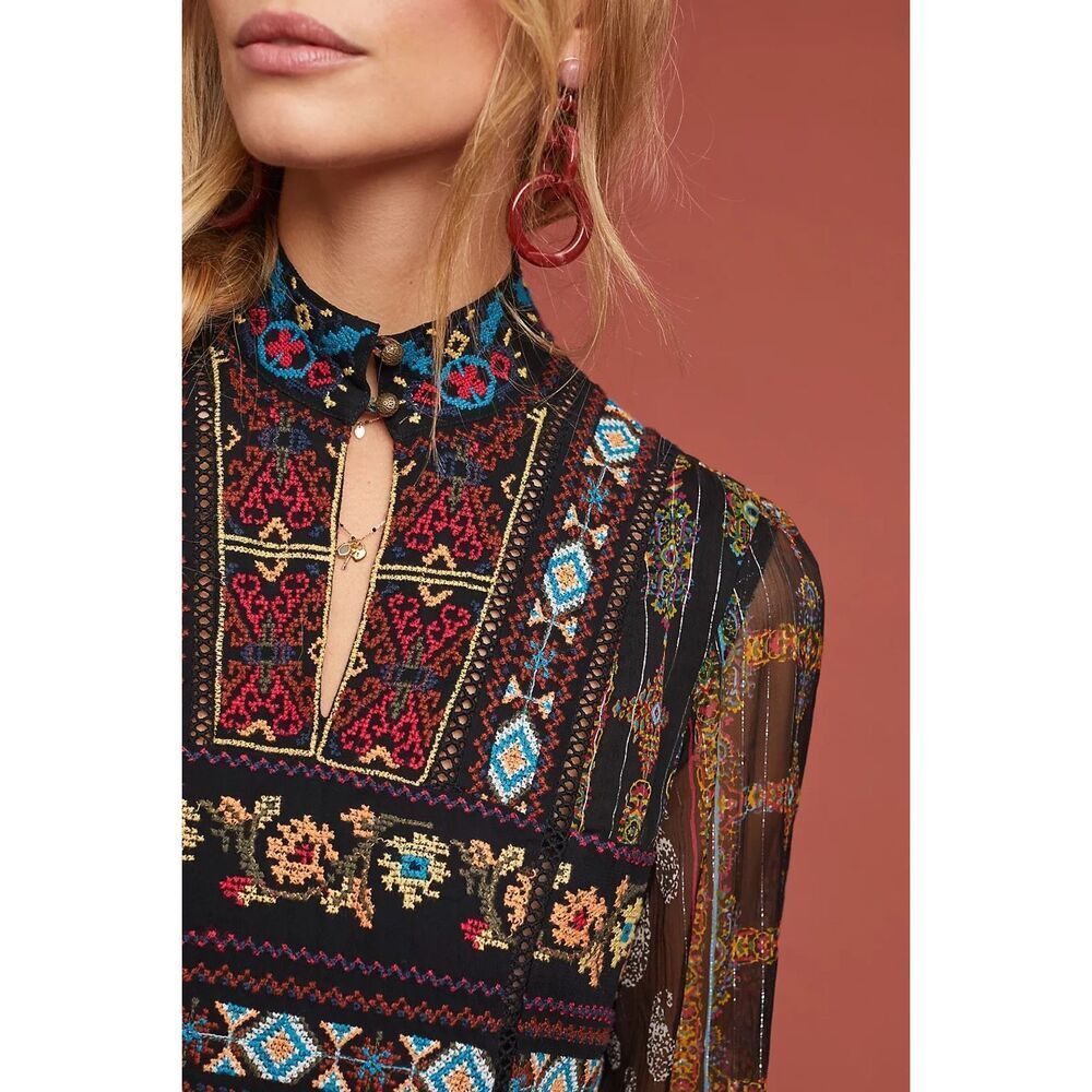 Anthropologie Sheria Metallic Embroidered Dress Size 4 - Picture 3 of 7
